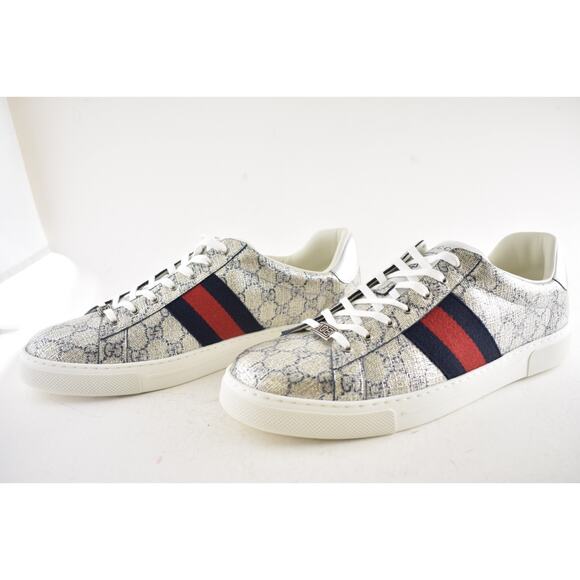 Gucci Ace GG Logo Supreme Canvas Beige Blue Silver Low Top Flat Sneaker G 14 15 - Picture 14 of 16